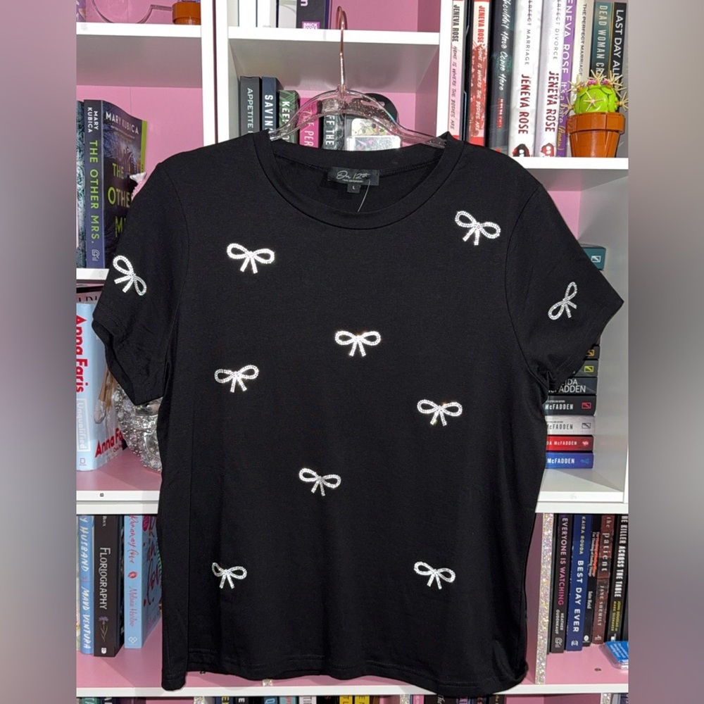 Chic Black Tee with White Bow Rhinestone Accents